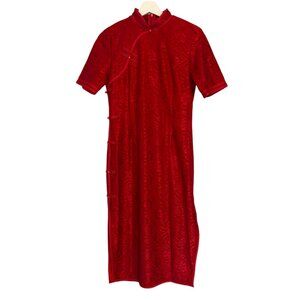 f.e.v. Red Floral Qipao Cheongsam Mandarin Collar Dress Size Medium 170/92A